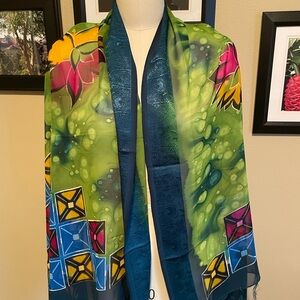 Vintage Colorful Abstract Silk Scarf Wrap with Fringe